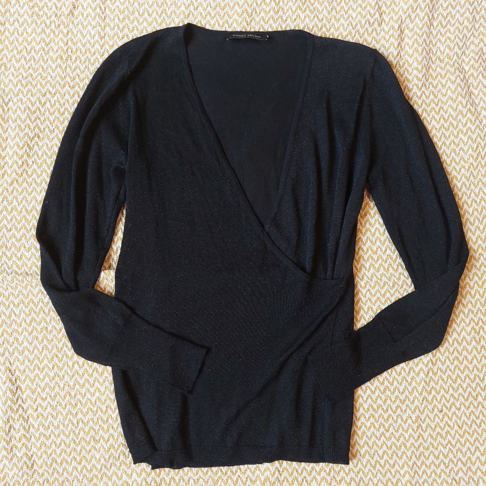 Womens Black Wrap Sweater Small | Chic V-Neck Knit Top